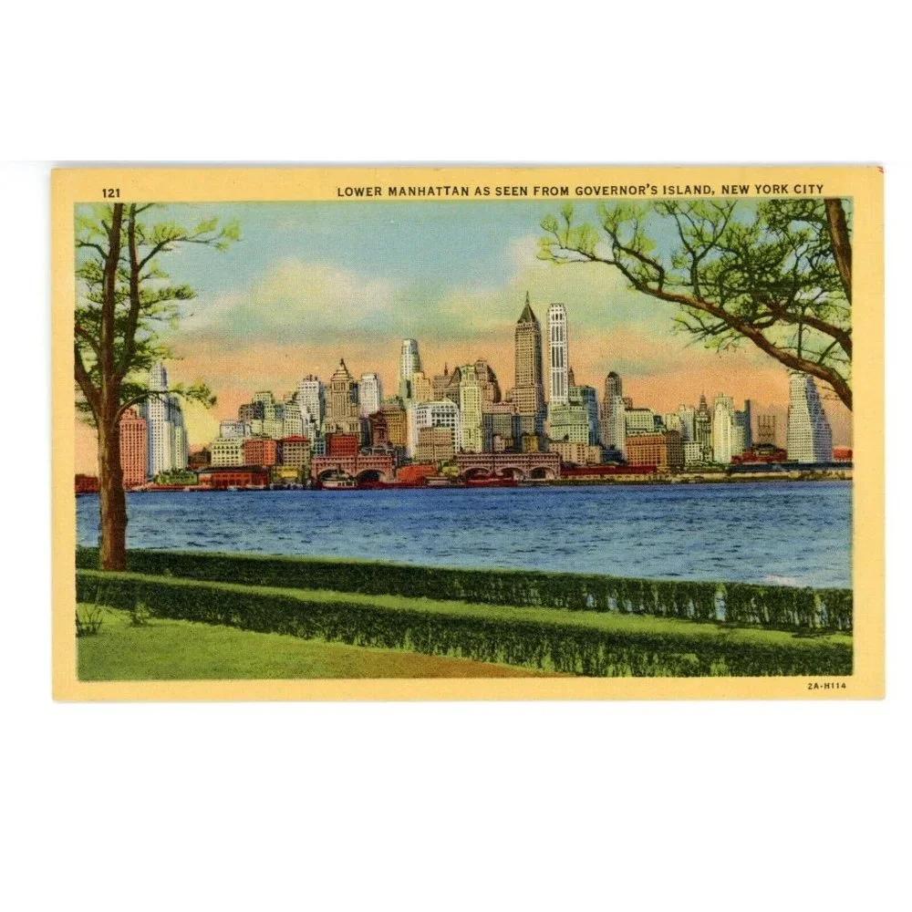 Vintage Postcard Lower Manhattan Governors Island New York City NYC Curteich